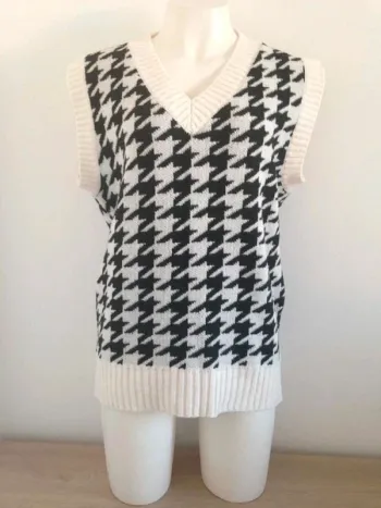 Pull col v en main sans manches pied de poule 36 Shein