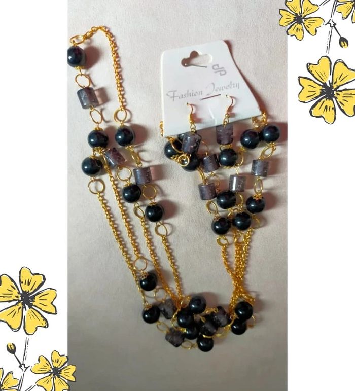 Parure fantaisie – Collier & boucles dorés et perles noires & violettes - photo numéro 8
