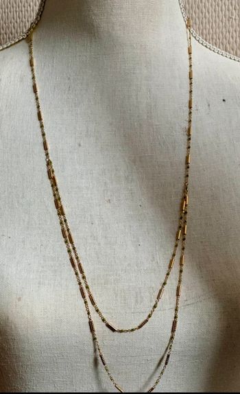 Collier sautoir double réglable acier inoxydable or perles kaki