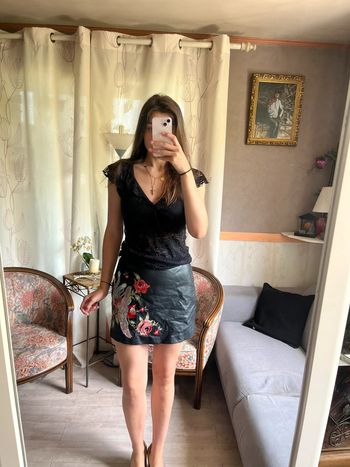 Jupe simili-cuir fleurie vintage à zip bohème champêtre country