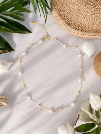 Collier perles blanches nacrées  - acier inoxydable  - tendance bohème 🌊