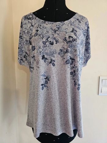 🌸 Top Femme Gris Chiné Motifs Floraux & Détails Brillants - Taille Unique 🌸