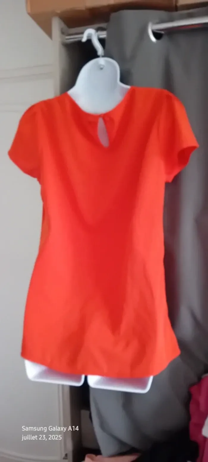 Blouse légère manches courtes col rond ouverture goutte d eau au dos orange femme L - photo numéro 11