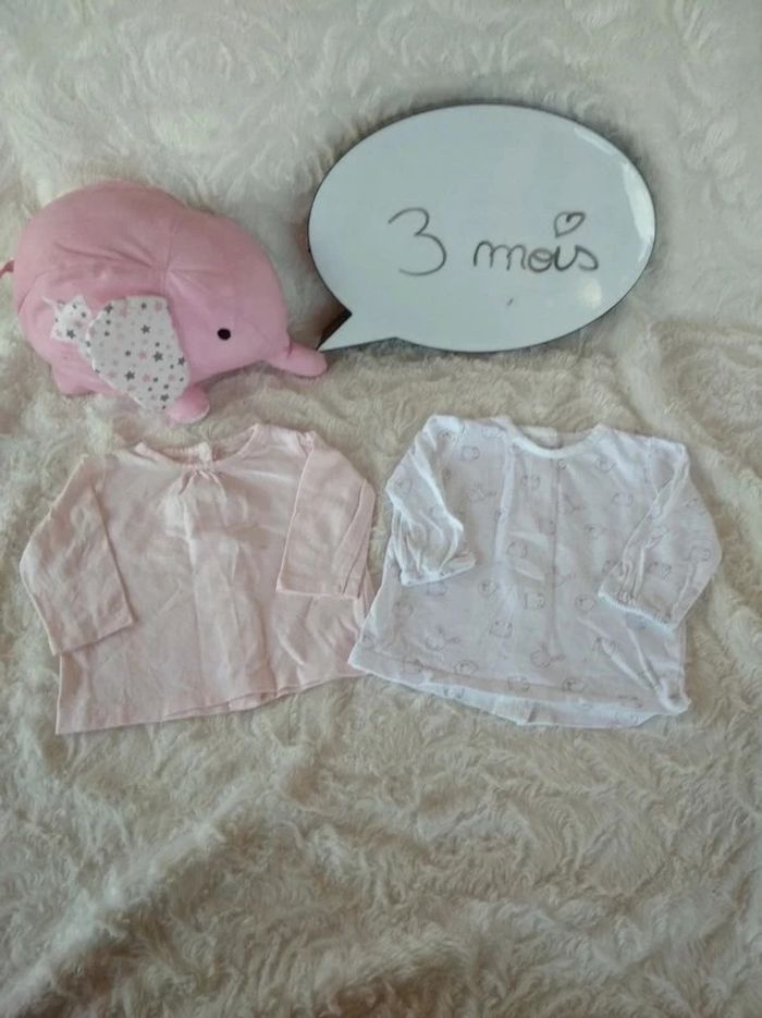 Lot de 2 tee shirt/chemise manches longues Fille 3 mois 100% coton Lapin chat ours Pat et Ripaton