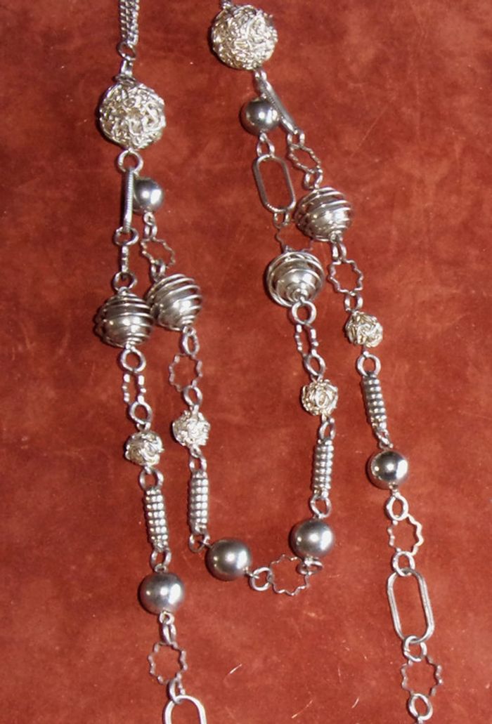 Grand Collier double rang- métal argenté - photo numéro 2