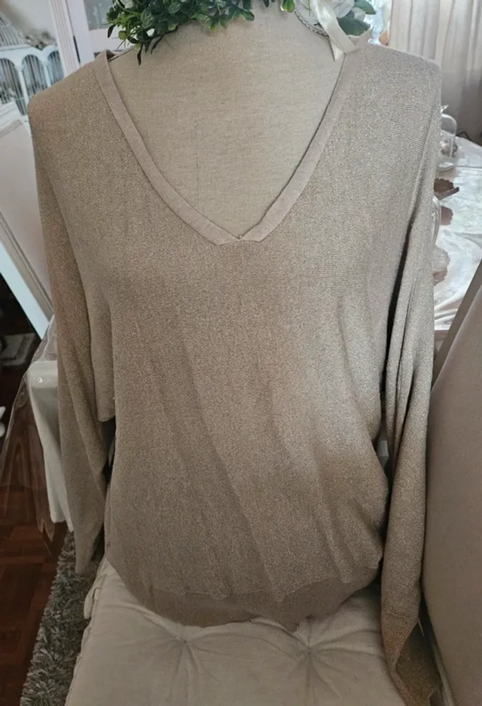 Pull fin beige marron clair pailleté BRÉAL Taille L /XL