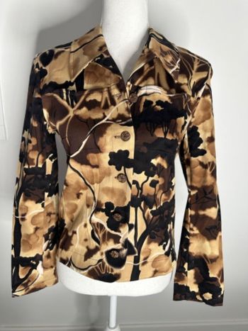 Veste en jean denim à fleurs marron et beige Christine Laure T36 S