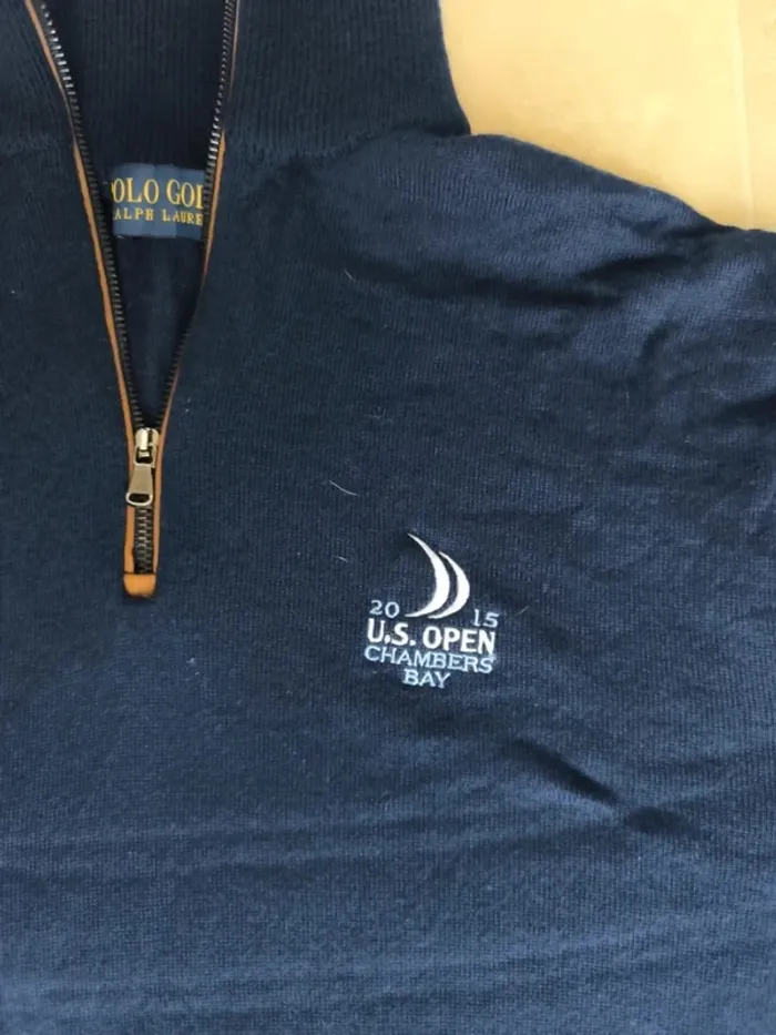 Magnifique pull quart zip laine mérino Ralph Lauren Polo Golf marine logo blanc homme L US Open 2015 - photo numéro 3