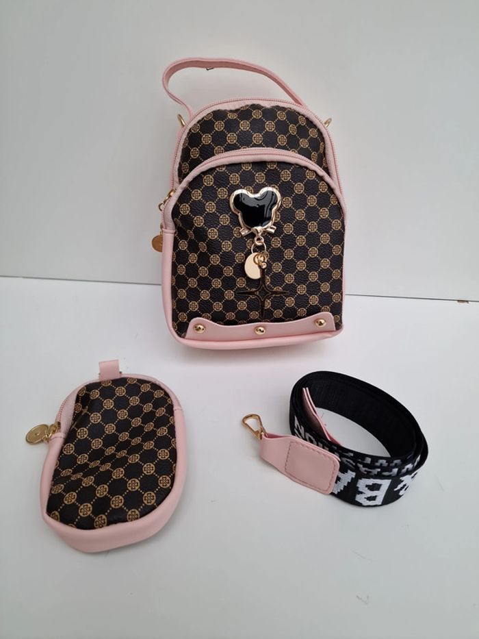 Sac Bandoulière Rose Marron Avec Bijou Sac Et Porte Monnaie - photo numéro 13