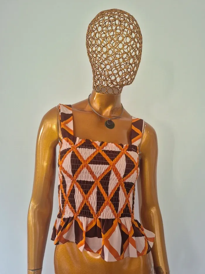 Top Court Plissé Orange et Marron Femme Taille S/36