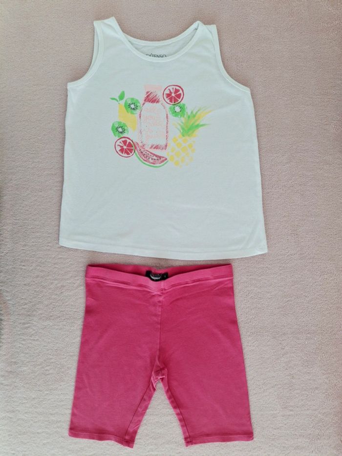 Ensemble In Extenso 6 ans : débardeur blanc motif coktail de fruit et legging court rose fuchsia