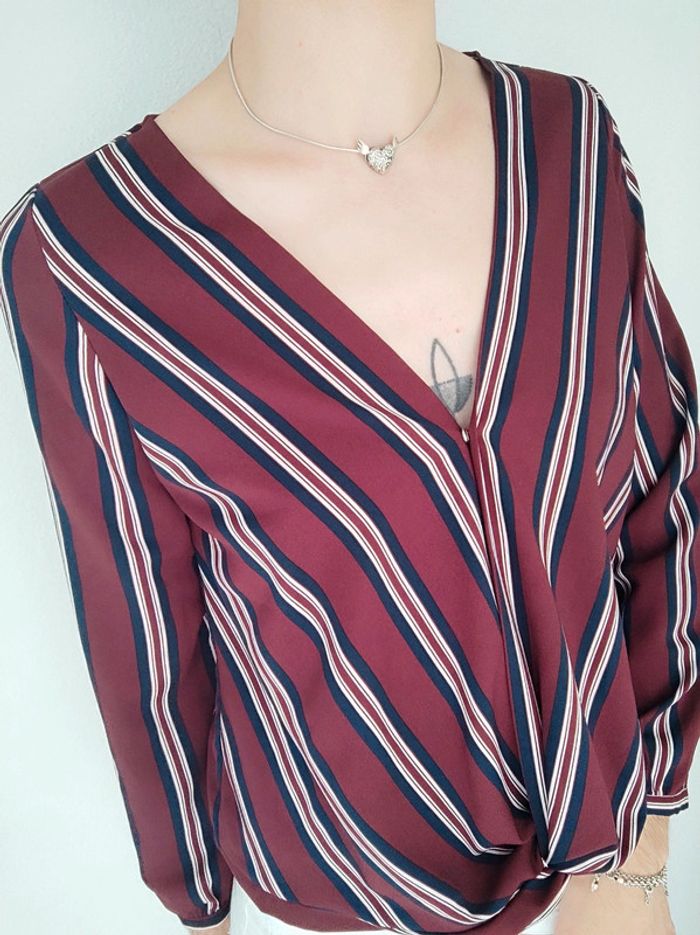 Blouse col V rayé bordeaux bleu marine blanc / Pimkie Collection - 36/S - photo numéro 3