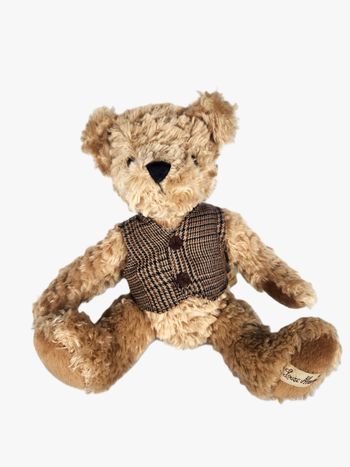 Ours en Peluche Louise Mansen – Brun Shaggy avec Gilet à Carreaux – 17 cm