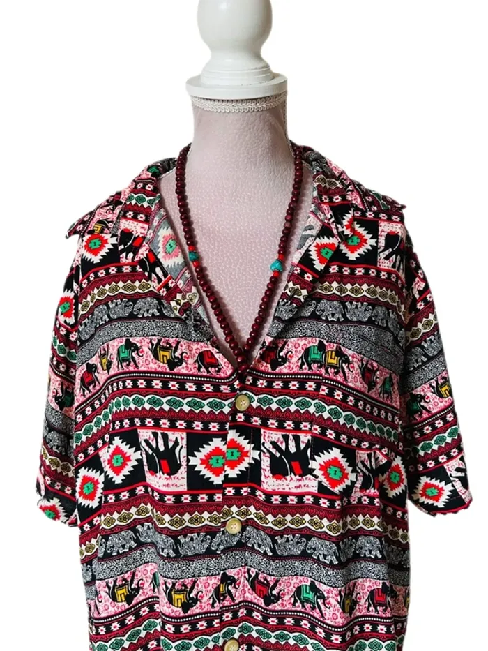 🐘Chemise vintage hippie 100% coton éléphants multicolores🌿Indian ethnic festival style shirt🐘 - photo numéro 7