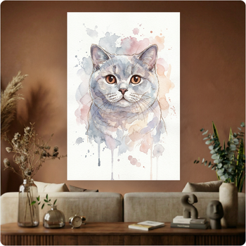 Affiche "Chat British Shorthair" aquarelle douce poster décoration murale A3 Sans cadre