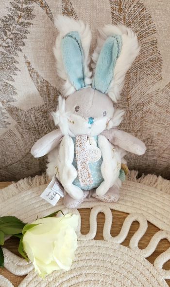 Doudou Bébé Lapin Doudou et Compagnie Blanc Turquoise