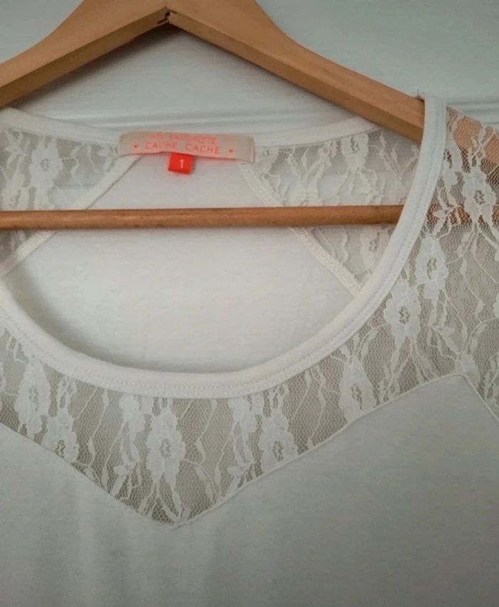 T-shirt femme manches 3/ 4 blanc avec dentelle aux épaules taille S - photo numéro 3