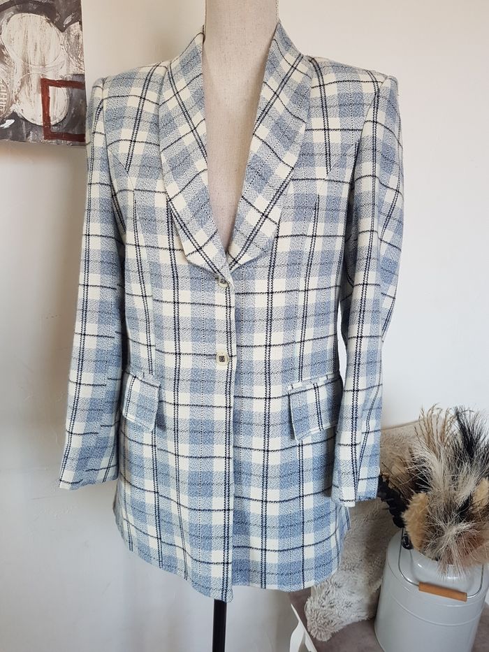 Blazer femme vintage carreaux bleu et blanc cassé, doublé, épaulettes, boutique privée, taille M/L.