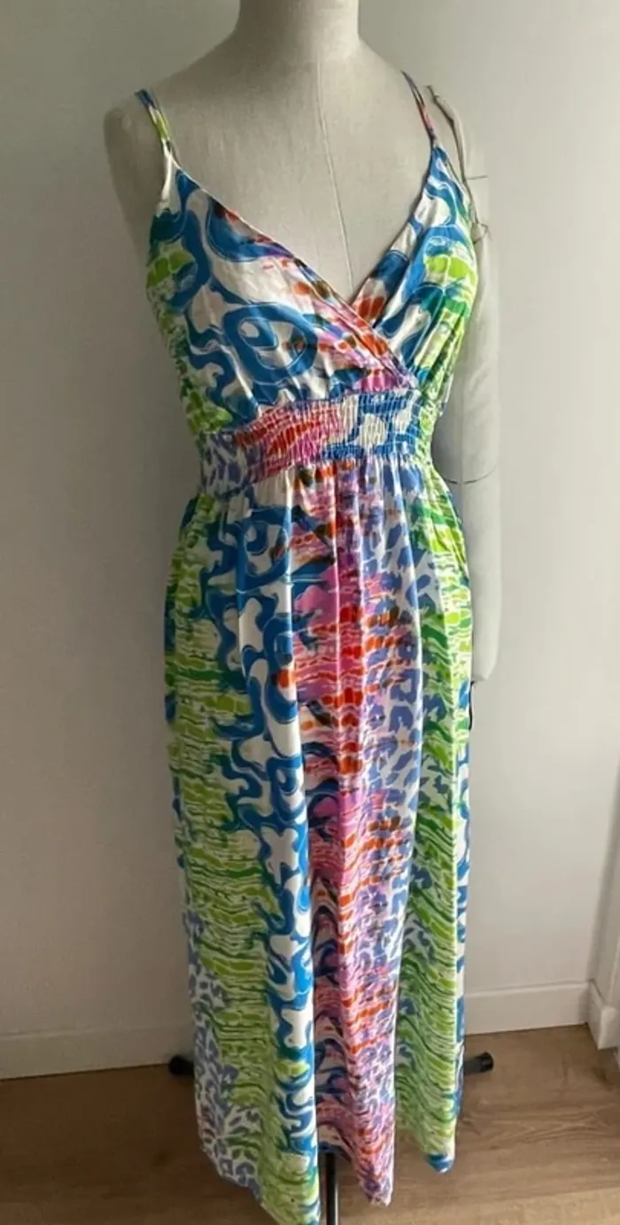 Robe longue fluide à motifs bleu vert rose – taille S/M - photo numéro 3