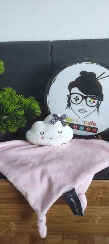 Doudou plat Nuage rose blanc nœud noir Orchestra Prémaman Carré Plat Noeud Pois