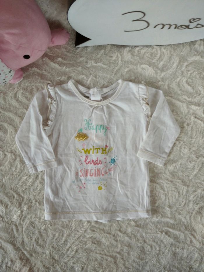 Tee shirt tunique chemise manches longues Fille 3 mois Happy birds Vertbaudet 100% coton - photo numéro 2