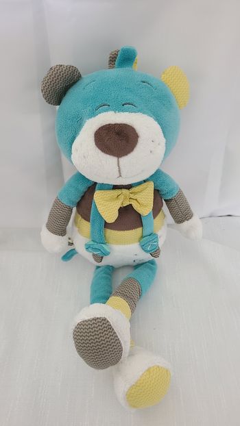 Doudou Ours Paddy Bleu Marron Blanc Jaune SAUTHON
