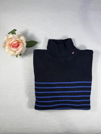 Pull Tommy Hilfiger noir & bleu rayé taille M pour femme col montant parfait état