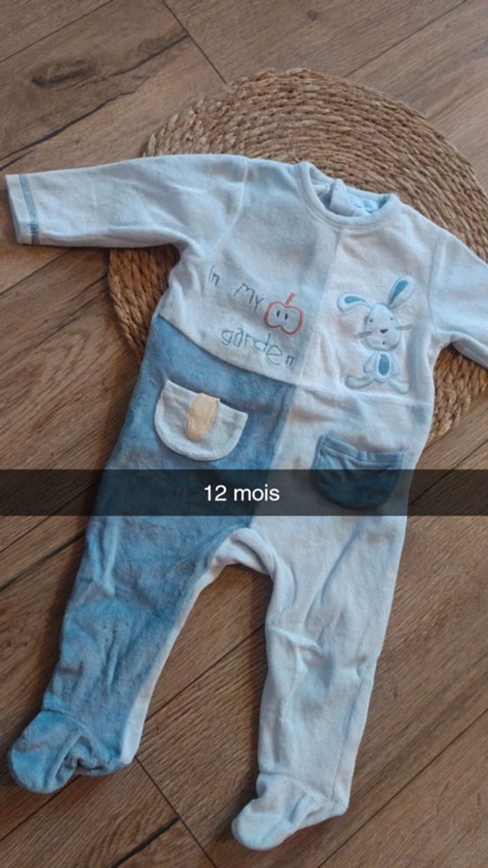 Pyjama velours bleu 12 mois 74 cm tex baby