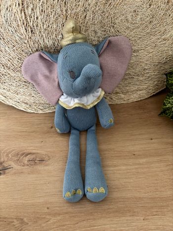 Doudou éléphant Dumbo bleu col blanc doré Disney 