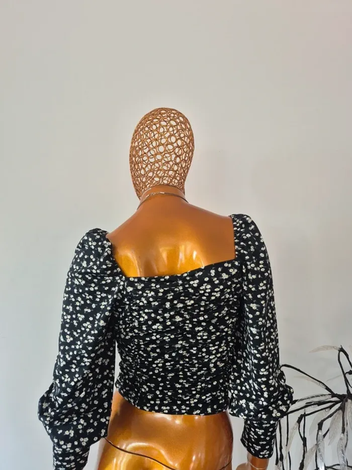 Top Fleur Noir Manches Longues Femme Taille L/40 - photo numéro 2