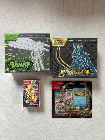 Lot de booster Pokémon 1 ME1 ETB + 1 ETB ME3 + Tripack ME1 + Bundle Hero Transcandant ME2.5