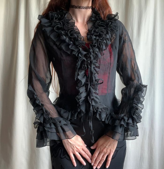 Blouse à nouer transparente col froufrou Vampire Goth vintage 90s - Taille S/M/L - photo numéro 4