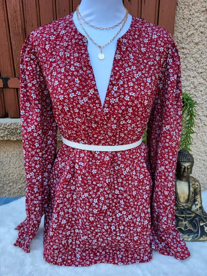 Blouse fleuri fluide bordeaux blanc taille 48