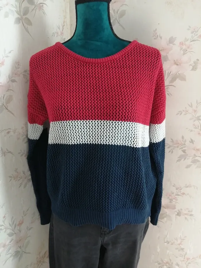 Pull fin en maille ajouré tricolore bleu blanc rouge / gémo / (M) - photo numéro 3