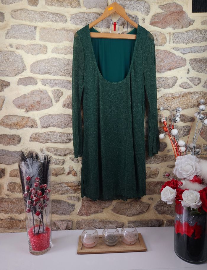Robe de soirée manches évasées vert sapin pailleté argenté Femme taille 52 marque Asos 💎 - photo numéro 3