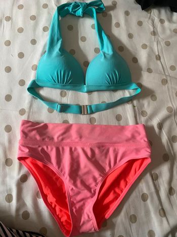 ensemble, maillot de bain, deux pièces dépareillées, turquoise et rose