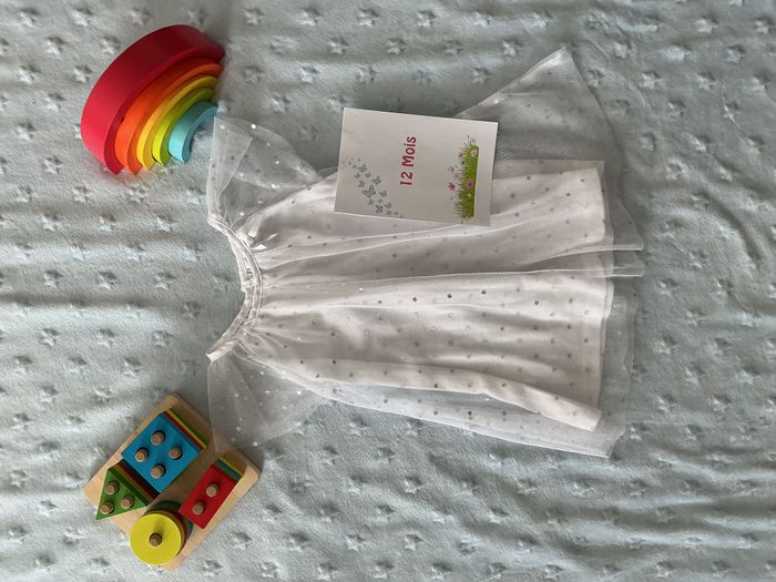 robe manches courtes blanc en tulle doublure à pois argentés 12 mois tex - photo numéro 2