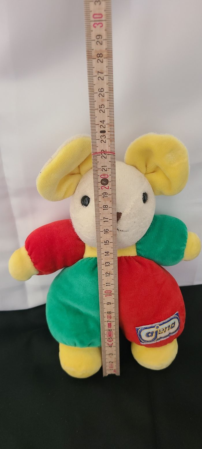 Doudou Peluche Souris Rouge Vert Jaune Grelot Ajena Ancien Vintage - photo numéro 2