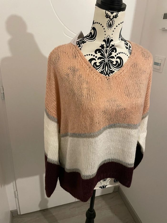 Pull manche longue maille rayure blanc bordeaux corail gris en alpaga neuf comtemplay taille 42 - photo numéro 3