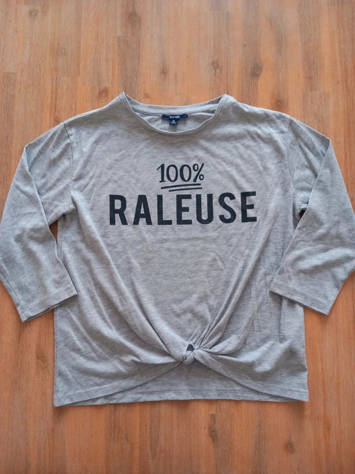 T-shirt gris "100% Raleuse" Kiabi – XS / 14 ans