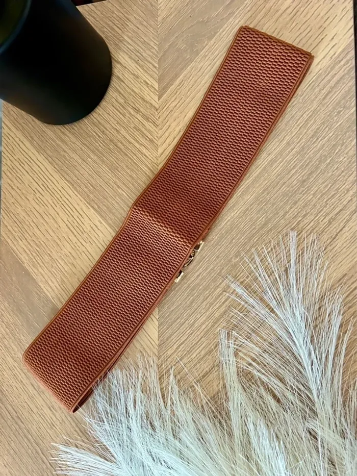 Superbe ceinture large élégante et chic marron Camel et doré taille ajustable - photo numéro 4
