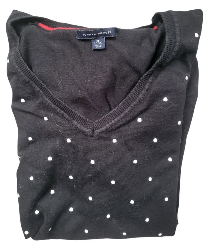 🖤 Pull femme Tommy Hilfiger – col V noir à pois blancs, taille XL