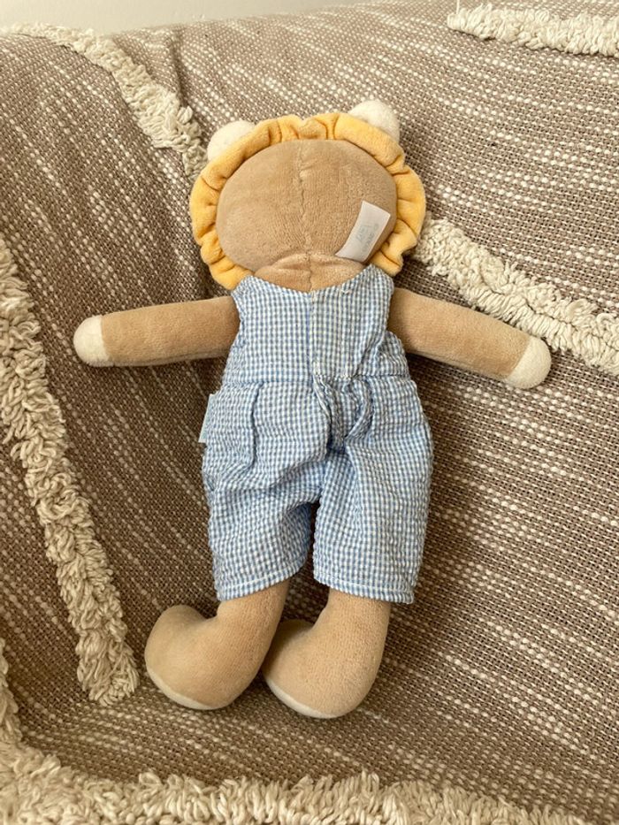 Peluche doudou 28cm corolle lion beige bleu à carreau très bon état - photo numéro 3