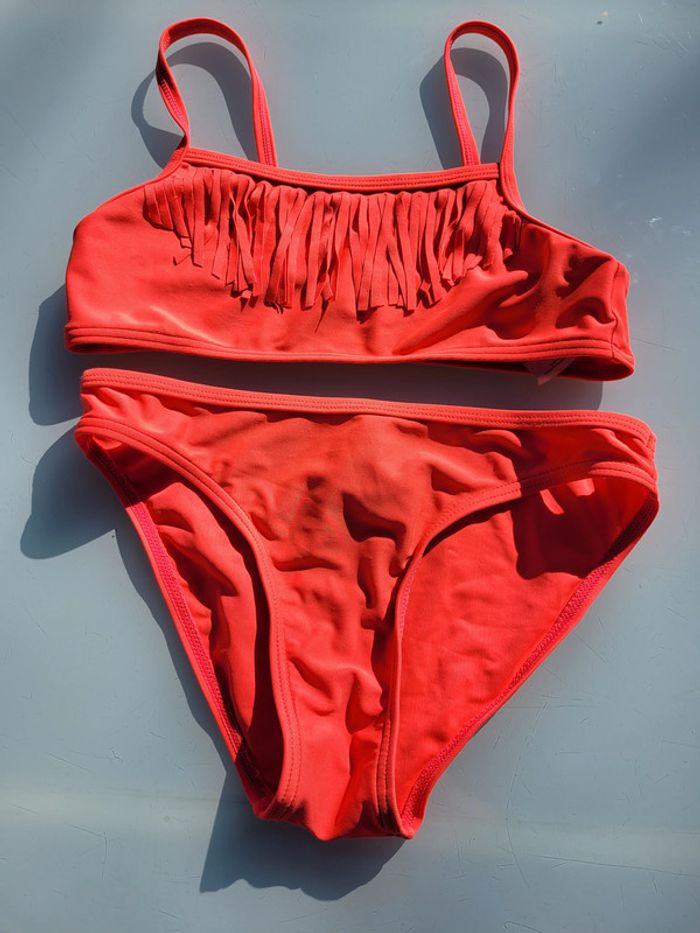 Joli maillot de bain 2 pièces Kiabi, orange fluo, à franges, 12 ans