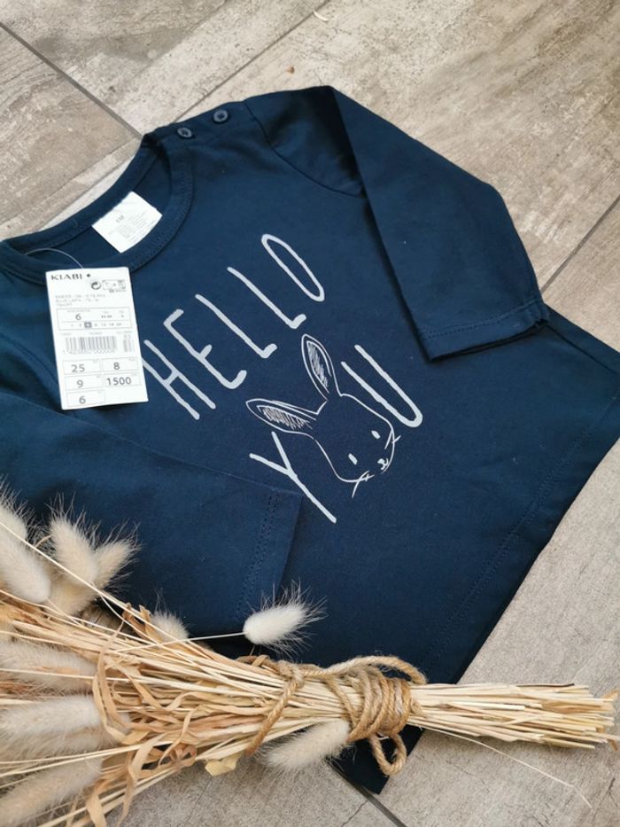 🌺Très joli Teeshirt manches longue hello you lapin bleu marine bébé mixte Neuf 6mois - photo numéro 5