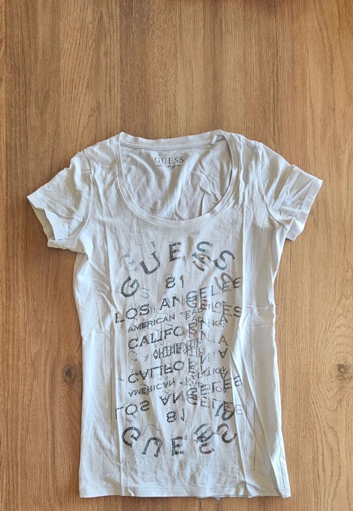 T-shirt blanc et strass argent gris, taille S, Guess officiel