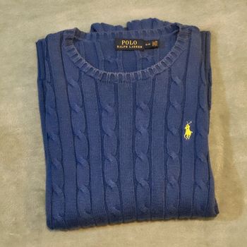 Pull Torsadé Bleu - Logo Vert Fluo  🐎  Ralph Lauren  - Taille S