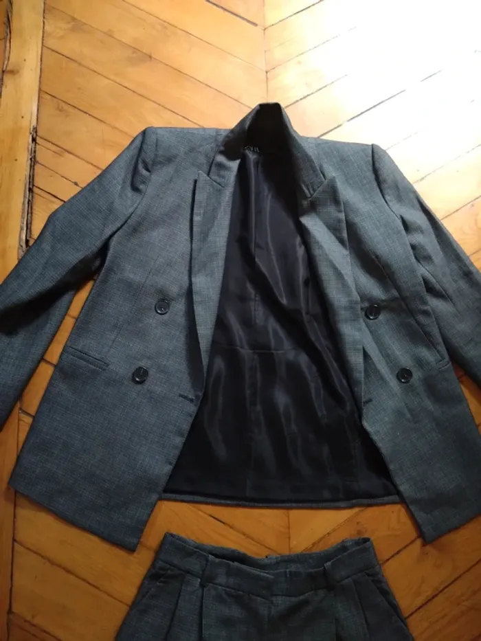 Tailleur Zara T.S 36 – Veste oversize & pantalon jambe large taille haute, gris chiné - photo numéro 5