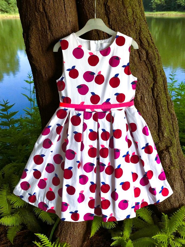 JACADI - ROBE FILLE MOTIF FRUITS, TOUCHES ROSE FLUO, ÉVASÉE & PLIS SUR LE BAS 8A - photo numéro 2