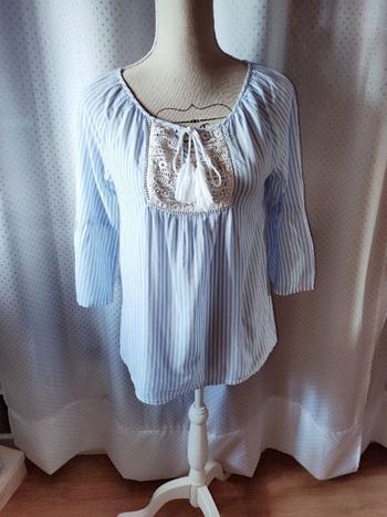 Blouse à fines rayures et dentelle, taille 38, TBE!
